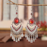 Boucles d'oreilles vintage bohèmes en argent et cristal rouge