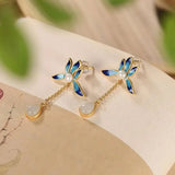 Boucles d'oreilles pendantes vintage en or et bleu avec fleurs, perles et jade