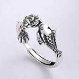 Bague ajustable vintage en argent avec motif poisson et fleur