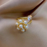 Bague ajustable vintage avec perle et fleur en cristal