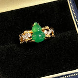 Bague vintage ajustable en or avec diamant, bambou vert et gourde nouée