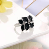 Bague classique en argent noir à motif floral et feuilles