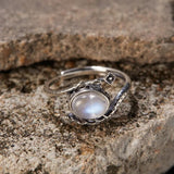 Bague vintage ajustable en argent avec motif de vigne et pierre de lune