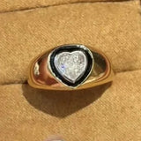 Bague ajustable rétro en or et diamant taille cœur avec émail noir