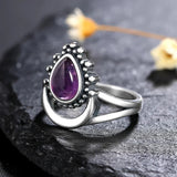 Bague vintage en argent avec pendentif en forme de larme violette