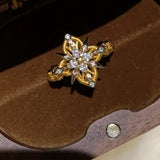 Bague vintage ajustable en or et diamant, motif floral jaune