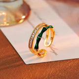 Bague ajustable double couche en zircon vert en forme de bambou