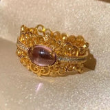 Bague ajustable classique en or et cristal filigrané avec pierre précieuse ovale violette