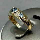 Bague ajustable vintage en or avec pierre précieuse bleu marine en forme de cœur et d'étoile