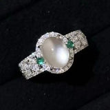 Bague ajustable rétro en argent blanc et pierre précieuse verte, pierre de lune