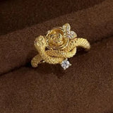 Bague ajustable classique en or avec serpent entrelacé et fleur de rose