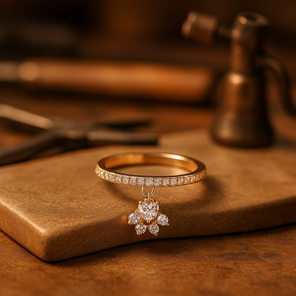 Bague vintage avec patte de chat et pierre en forme de cœur – dorée et argentée