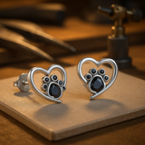 Boucles d'oreilles cœur et patte – Argent avec émail noir