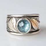 Bague vintage en verre bleu et feuille d'argent