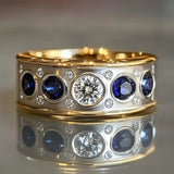 Bague vintage en cristal bleu et blanc, or et argent